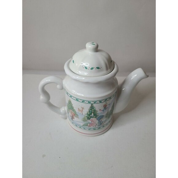 Vintage Precious Moments Enesco Christmas Tree Tea Pot  White Porcelain Holiday - Picture 5 of 10
